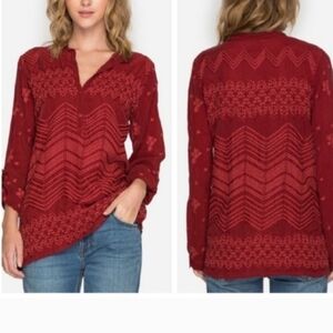 Johnny Was-Embroidered Zig Zag Popover Tunic Top Blouse Red Long‎ Sleeve-Size 1X